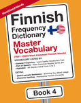 Finnish Frequency Dictionary 4 - Master vocabulary ebook cover with text and flags on an orange background