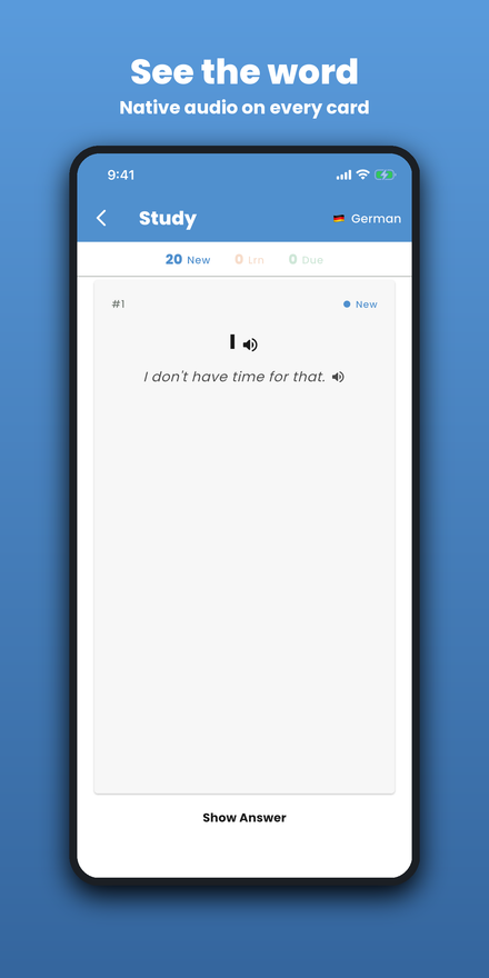 Frequency-ranked word cards — see the word first