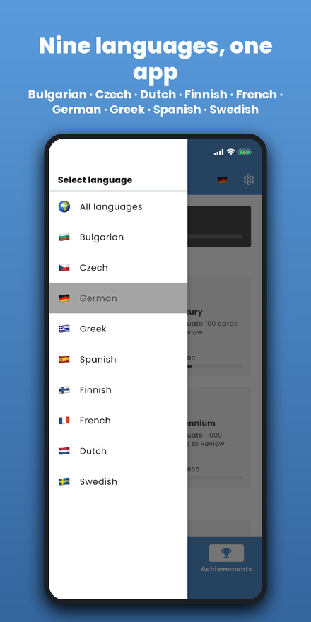 Switch between all 9 supported languages